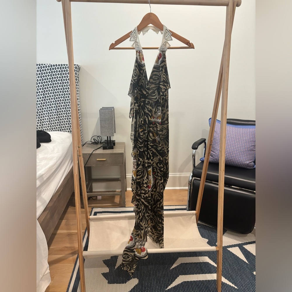 Black Botanical Print Halter Maxi Dress